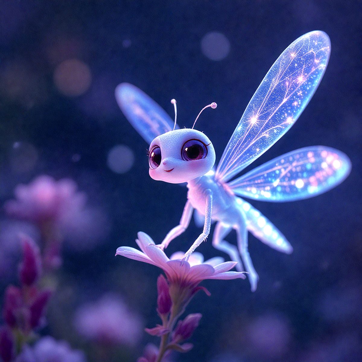 The primary subject of the image is a small, colorful butterfly with a pink body and blue wings. It is perched on a pink flower, which serves as the setting or background of the scene. The visual style of the image is a digital art or illustration, with the butterfly and flower appearing to be drawn or painted. The colors and mood of the image are vibrant and cheerful, with the pink and blue hues creating a sense of warmth and happiness.